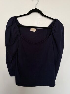 Nation LTD Cotton Sweetheart Neckline Navy Puff-Sleeve Top - Medium